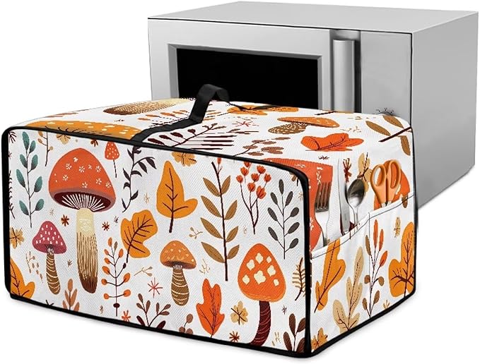 Mushroom Leaf Toaster Oven Cover Heavy Duty Heat-resistant Protective Case Faux Linen Polyester Protector with Handle &amp Pockets for Everyday Home Kitchens