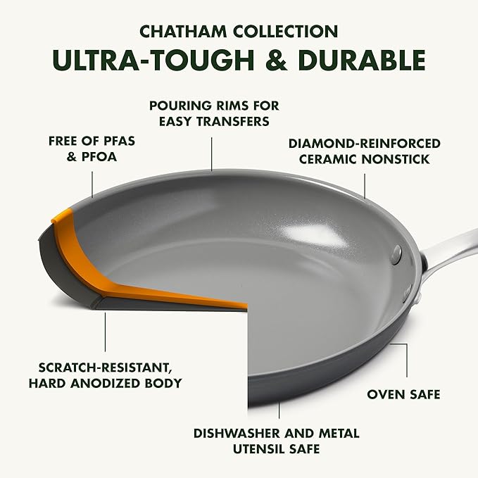 GreenPan Chatham Hard Anodized Healthy Ceramic Nonstick 10 Piece Cookware Pots and Pans Set Frying Pan Skillets Saucepans Saute Pan Stockpot Lids PFAS-Free Dishwasher &amp Oven Safe Gray