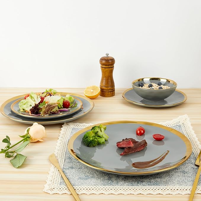 Porcelain Luxury Dinnerware Sets Modern Plates and Bowls Sets for 4 Highly Chip and Crack Resistant Grey and Gold Rim China Dishes Set for Wedding Anniversary