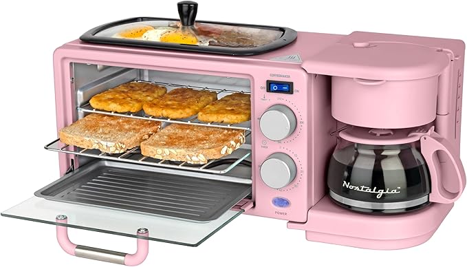 Nostalgia 3-in-1 Retro Breakfast Station - Includes 5 Cup Coffee Maker Non-Stick Ceramic Griddle and 4-Slice Toaster Oven - Built-In Timer Reusable Coffee Filter Space-Saving Design - Pink