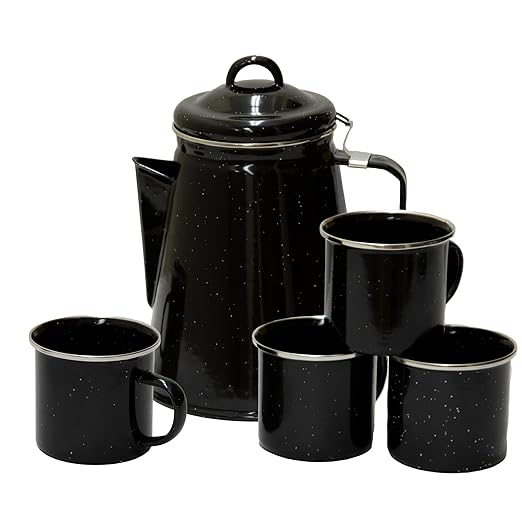 Stansport Enamel 8-Cup Percolator Coffee Pot and 4-Mug Set - Heavy-Duty Campfire Coffee Maker with 12oz Mugs - Percolator Stem Included - Double Baked Enamelware for Camping Hiking RV &amp Cabin