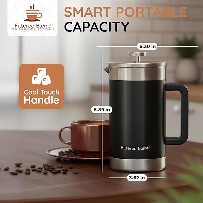 1.6L French Press Coffee Maker 54oz Large Capacity French Press Stainless Steel Brewer with Double Filter Mesh for Kitchen Travel Camping Hot &amp Cold Brew Coffee Maker Gifts (Black)