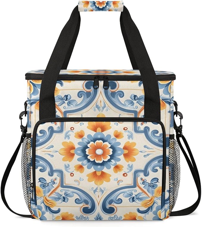 Floral Theme Coffee Maker Travel Bag for Keurig K-Mini/K-Mini Plus Insulated Waterproof Tote with Pockets for K-Cup Portable Single-Serve Brewer Case