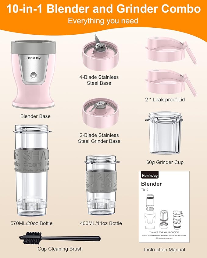 Smoothie Blender 650W Personal Blenders for Shakes and Smoothies with Grinder Cup &amp 2 BPA-Free Portable Cups (20oz+14oz) Portable Blender for Juices Smoothies Maker for Kitchen Pink
