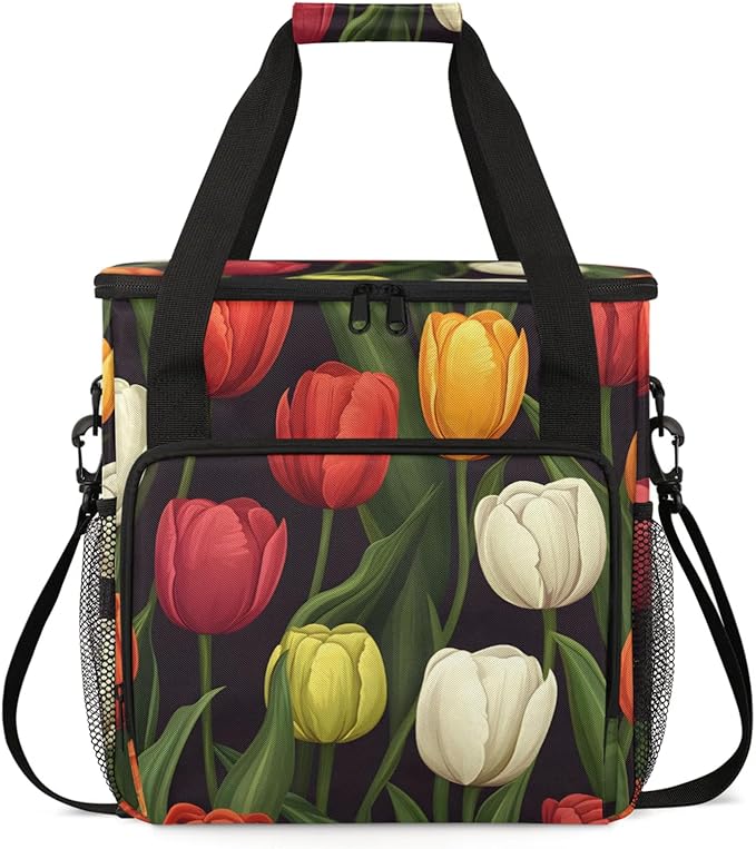 Flower Tulip Theme Coffee Maker Travel Bag for Keurig K-Mini/K-Mini Plus Insulated Waterproof Tote with Pockets for K-Cup Portable Single-Serve Brewer Case