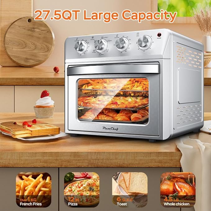 Air Fryer Oven 27.5QT 6-in-1 Countertop Oven Air Fry Bake Broil Toast Warm Dehydrate 4 Knob Control 1600W Family Size Silver