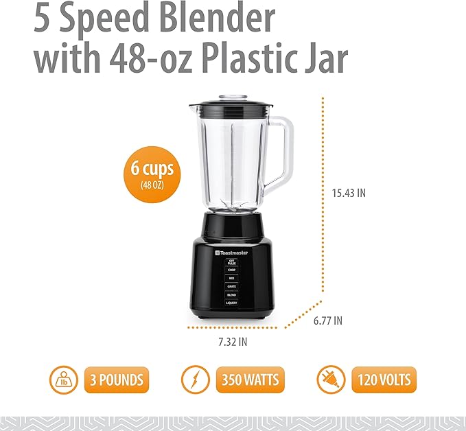 Toastmaster 5 Speed Blender with 48-oz Plastic Jar - Kitchen Blender with Stainless Steel Blades - For Fruit Smoothies &amp More - Multiple Speeds &amp Pour-Through Lid