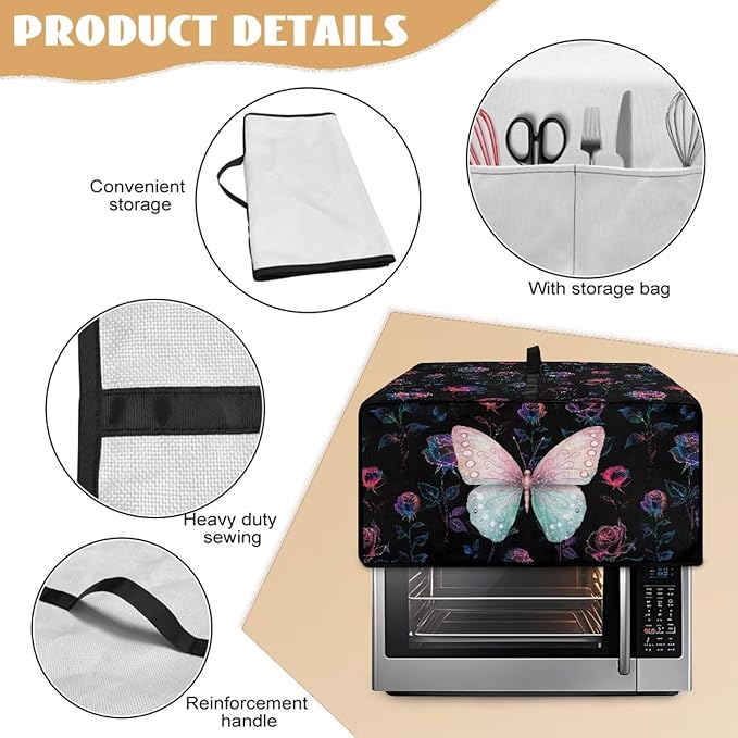 Butterfly Rose Print Toaster Oven Cover Wide Slot Washable Dustproof Bread Maker Covers Compatible with Air Fryer Toaster Smart Oven 18.5 x 14.5 x 9 Black