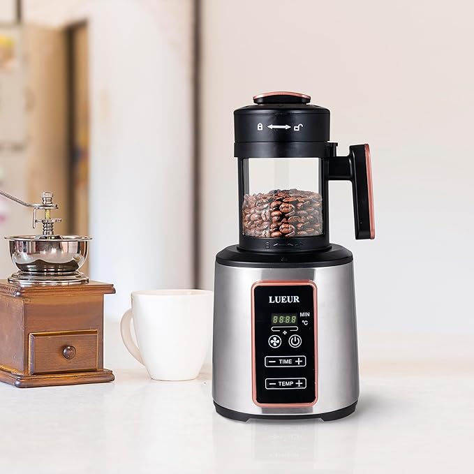 LUEUR Electric Coffee Bean Roaster Machine for Home Use 1500W Hot Air Coffee Roaster with Adjustable Timer Variable Heat &amp Air Fan Settings Chaff Collection Basket 100g Capacity