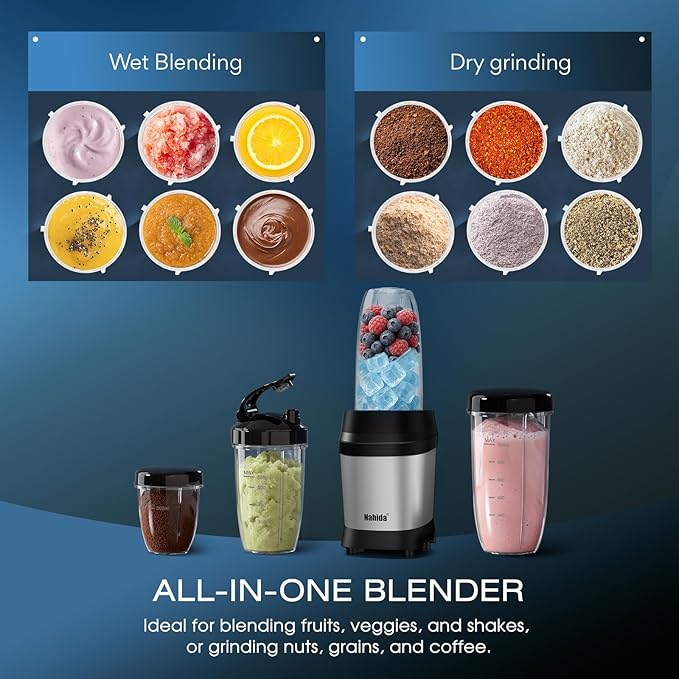 Nahida Blender for Smoothies 1200W Smoothie Blender for Ice Crushing Blenders with (2) 6-Fin Blades Personal Blenders for Kitchen with 23oz 32oz 37oz Easy Go Cups for Juices Silver