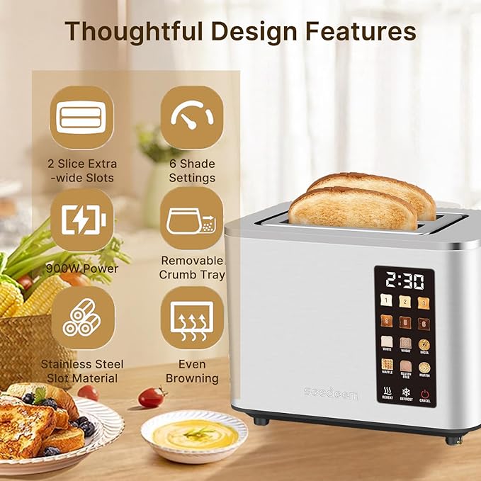 2-Slice Toaster with Touch Control 6 Shade Settings &amp 6 Bread Type 900W Removable Crumb Tray Countdown Display Smart Stainless Steel Design Silver