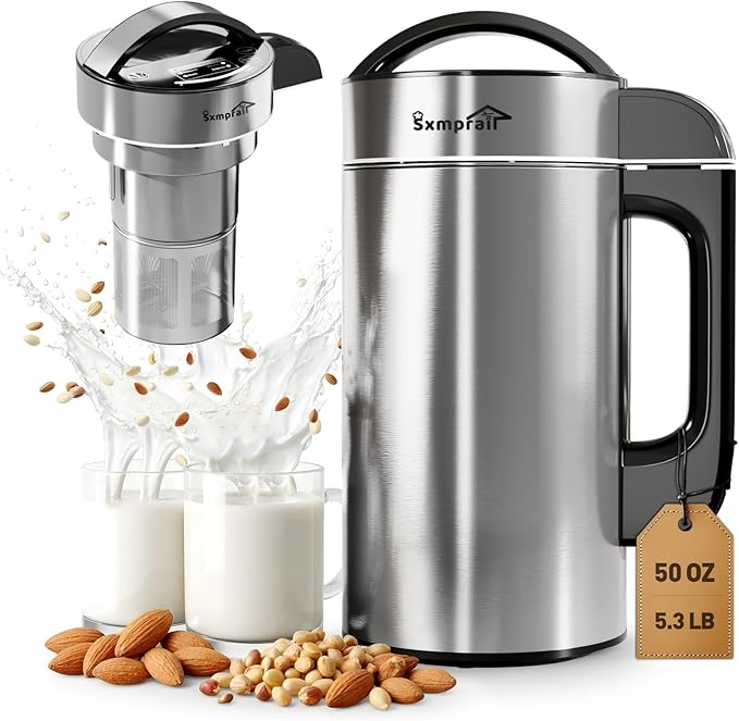 304 Stainless Steel Almond Milk Maker Machine (Built-in Filter) 50oz 6-7 Cups Per Batch 8-IN-1 Cooking Blender Make Plant Based Nut Milk Soy Oat Milk Soup &amp Juice Automatic Cleaning (Silvery)