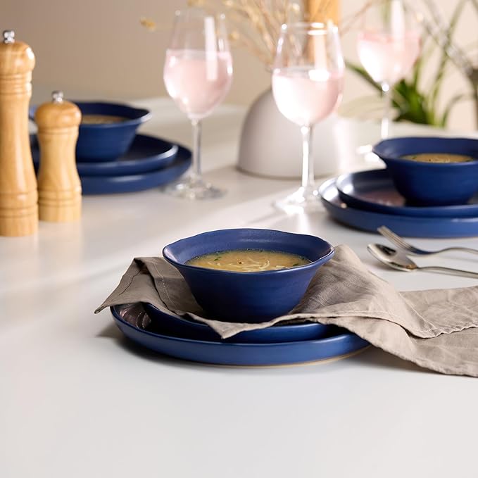 KooK Ceramic Dinnerware Set Service for 4 (12-Piece) Plates &amp Bowls Microwave &amp Dishwasher Safe Organic Shape Navy Blue Spiral