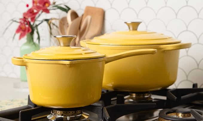 Larder &amp Vine 5-Piece Enameled Cast Iron Cookware Set - Includes 5.7 Quart Dutch Oven with Lid 10.25 Inch Skillet 2.2 Quart Saucepan with Lid (Limoncello)