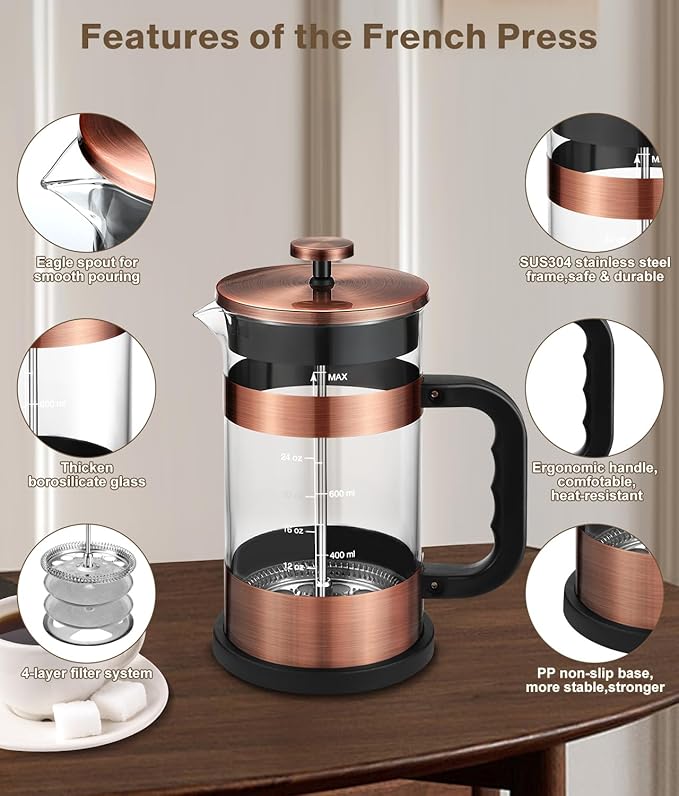 French Press Coffee Maker - 34 Ounce Classice Stainless Steel Coffee Press with 4-Level Filtration System Heat Resistant Thickness Borosilicate Glass French Press Coffee Pot for Camping Travel Gift
