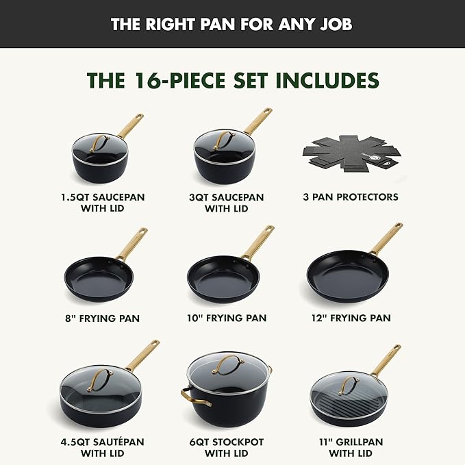 GreenPan Hard Anodized Healthy Ceramic Nonstick 16 Piece Cookware Pots and Pans Set Gold Handle PFAS-Free Dishwasher Safe Oven Safe Black