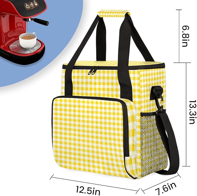 Yellow Plaid Coffee Maker Carrying Bag Portable Travel Storage Tote Bag Compatible with K-Mini or K-Mini Plus Single Serve Coffee Brewer Carrying Case with Multiple Pockets &amp Shoulder Strap