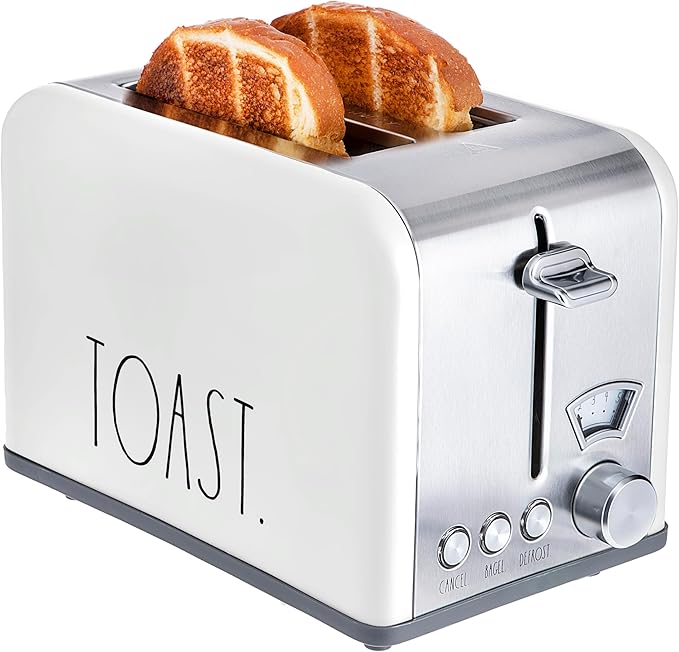 Rae Dunn Toaster Stainless Steel 2 Slice Square Toaster Wide Slot with 5 Browning Levels with Bagel Defrost and Cancel Options (White)