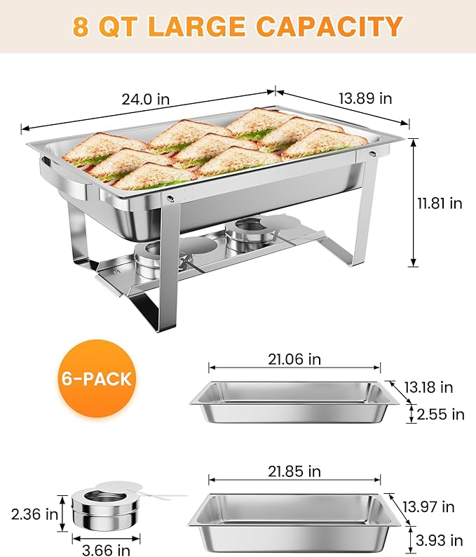 Professional Buffet Food Warmer Set – 8QT Rectangular Stainless Steel Chafing Dishes – Includes Water Pan Lid &amp Fuel Holders – Portable Chafer for Catering Parties Events – 6-Pack