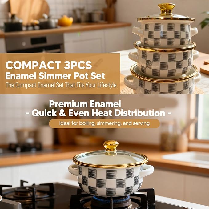 Pack of 3 Enameled Cookware Set for Multifunctional Kitchens Use Porcelain Materials Sturdy Design Ideal Family