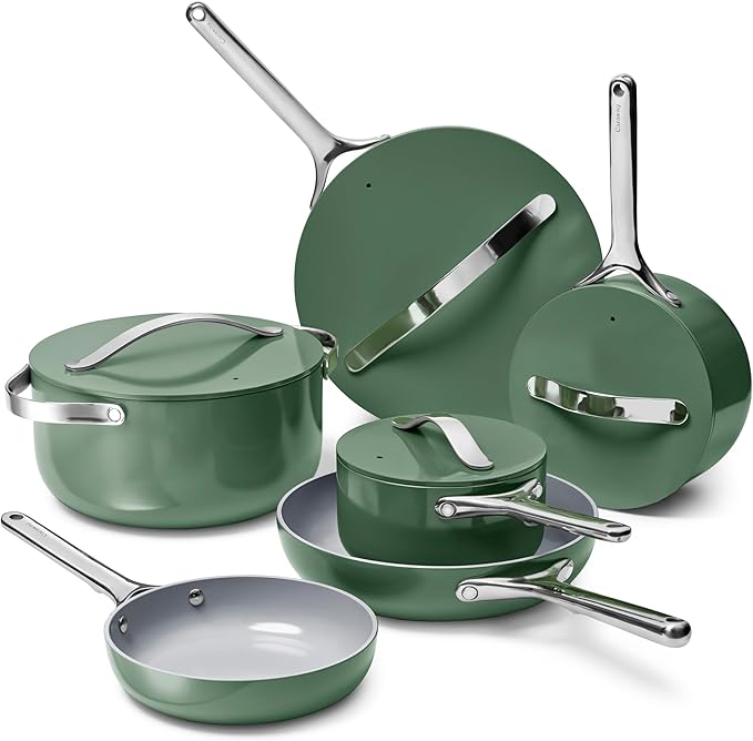 Caraway Deluxe Non-stick Ceramic Cookware Set (16 Piece) Pots Frying Pans Lids and Kitchen Storage - PFAS &amp PFOA Free - Oven Safe Pan Set &amp Compatible with All Stovetops - Sage