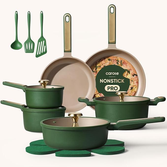 CAROTE Pots and Pans Set 18pcs Non stick Cookware Set Induction Ready Cooking Set Non-toxic Green