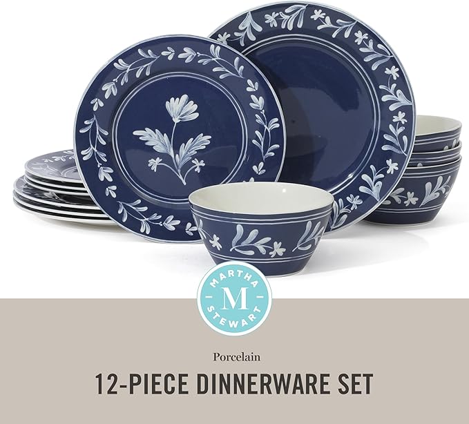 Martha Stewart Maiden Crown 12-Piece Sky Blue Dinnerware Set – New Bone China Ceramic Plates &amp Bowls – Floral Design – Service for 4 – Microwave &amp Dishwasher Safe