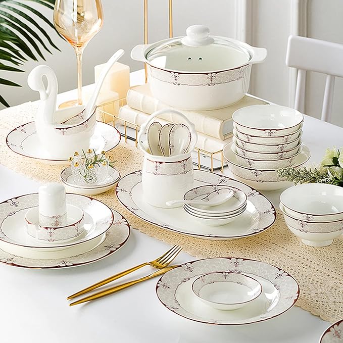 Sushi Set White Bone China and Gold Trim Cutlery Set with Dinner Plates Dessert Plates Soup Plates Saucers for Gifts Wedding Hotel 60 Piece