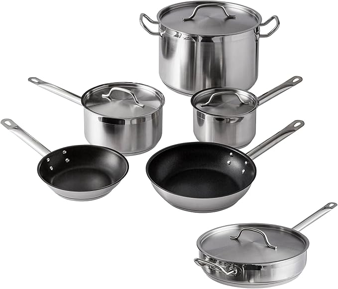 Stainless Steel Pots And Pans Set Induction Cookware Set With 2 Saucepans 2 Fry Pans Non-Stick 5 Qt Sauté Pan And 12 Qt Stock Pot Stainless Steel Cookware Set (10-Piece)