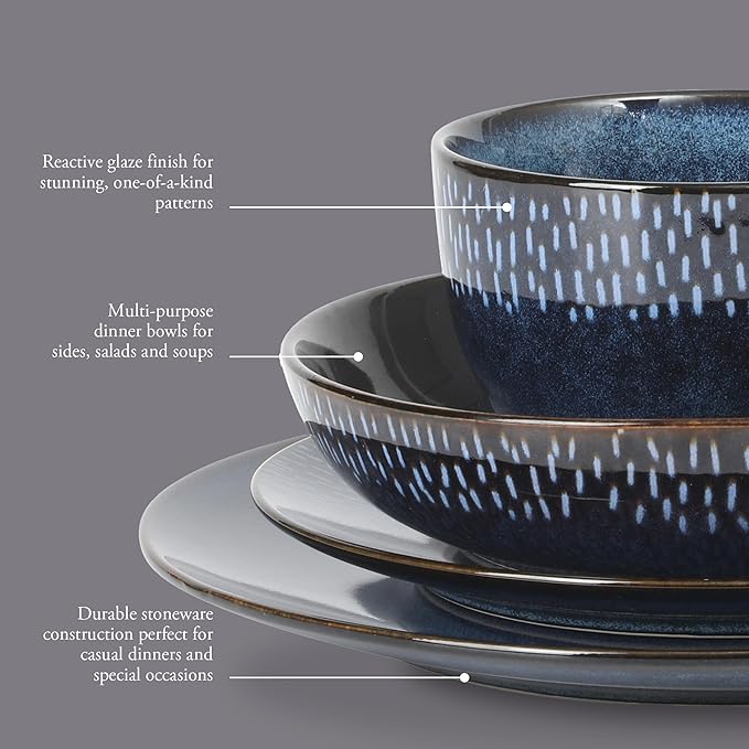 Gibson Elite Matisse 16-Piece Dinnerware Set – Double Bowl Reactive Glaze Cereamic Stoneware in Blue – Plates and Bowls Sets for 4 Microwave &amp Dishwasher Safe Rustic Modern Design