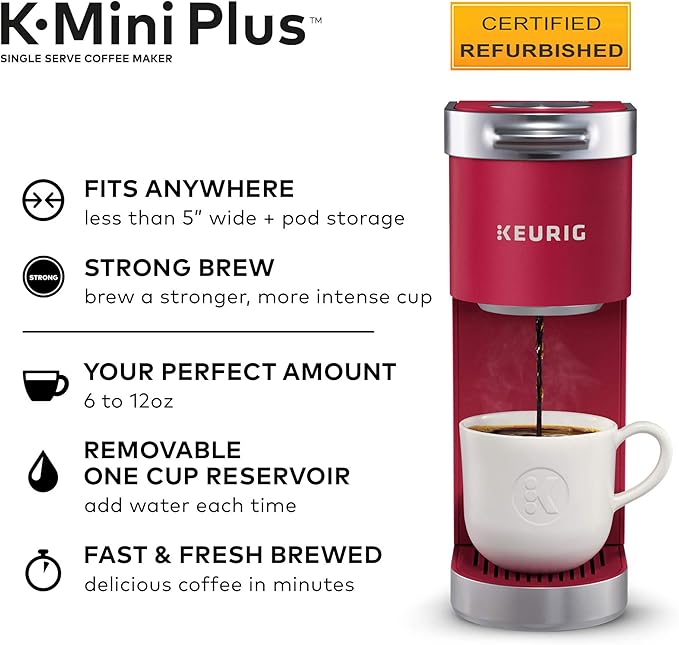 Keurig K-Mini Plus Coffee Maker Certified Refurbished Cardinal Red (Renewed)