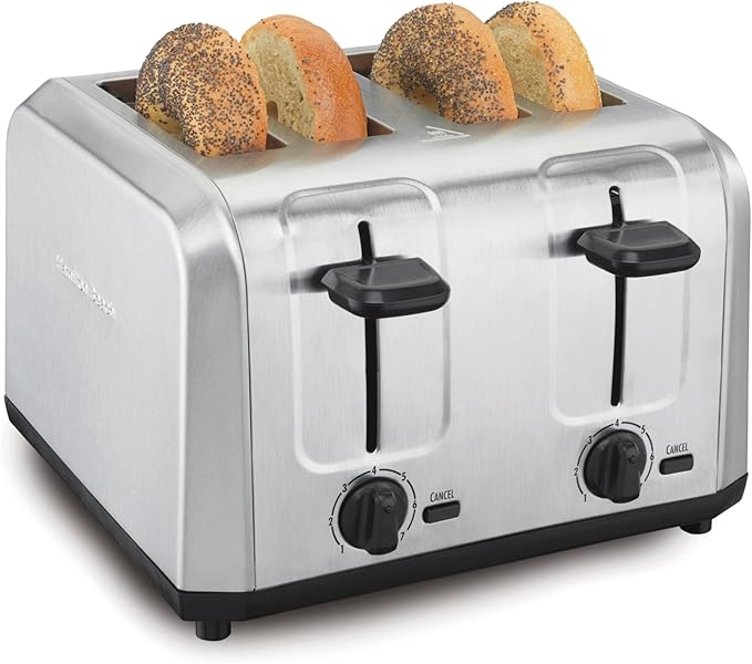 Hamilton Beach 4 Slice Toaster with Extra Wide Slots for Bagels Shade Selector Toast Boost Slide-Out Crumb Tray Auto-Shutoff and Cancel Button Brushed Stainless Steel (24910)