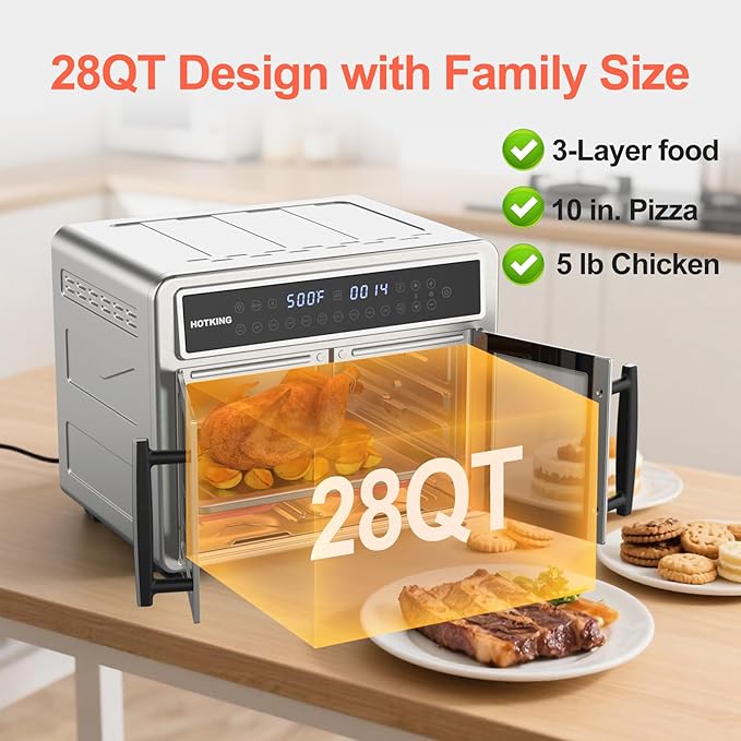 HotKing Dual-Zone Air Fryer Toaster Oven Combo 28 QT Extra Large Non Toxic Stainless Steel Convection Oven with French Door Countertop Airfryer with Window Racks Rotisserie Dehydrator ETL Rated
