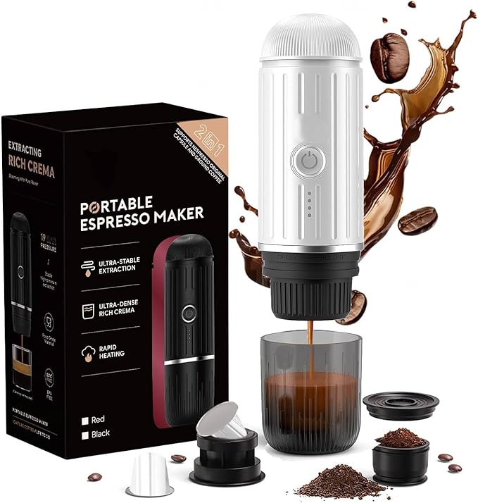 Portable Electric Espresso Machine Self-heating with USB-C 12V 7800mAh Long battery life Travel Coffee Maker for Camping Hiking Office Car Compatible with NS Capsules &amp Ground Coffee