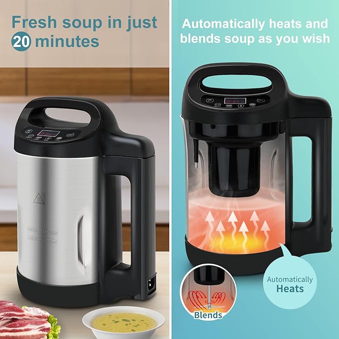 Soup Maker 1.6 L 4 in 1 Multi-Funcation Soup and Smoothie Maker with Smart Control Panel Stainless Hot Soup Maker Electric Makes 2-5 Servings Living for Home Use Black