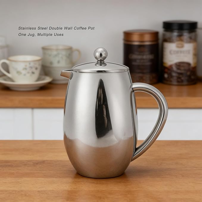 French Press Coffee Maker Stainless Steel 600ml Double Wall Insulated Thermal Coffee Press with Fine Mesh Filter Unbreakable Tea Pot and Keep Hot for Home Outdoor Camping
