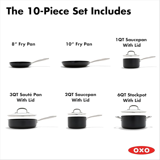 OXO Enhanced 10 Piece Cookware Pots &amp Pans Set PFAS-Free Ceramic Nonstick Durable Hard Anodized Cookware Scratch Resistant Stainless Steel Handle Good Grips Dishwasher &amp Oven Safe Black