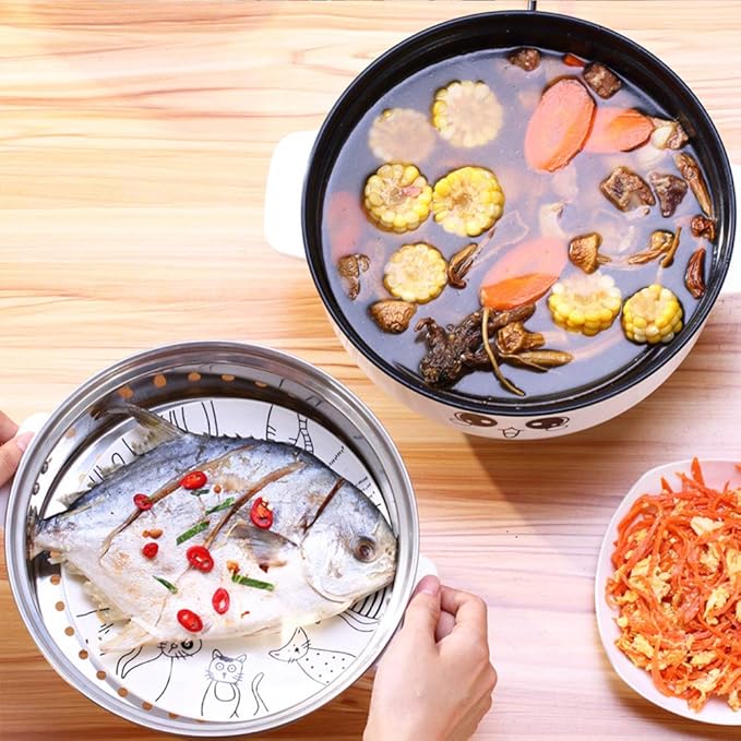 Electric Skillet 4-in-1 Multifunctional Electric Cooker Skillet Grill Pot for Cooking Rice Hotpot Soup Steam Eggs Fried Noodles Small Kitchen Cooker Non-Stick (3.6L with Steamer)