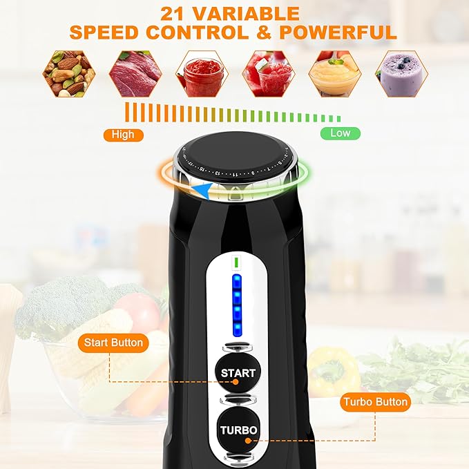 Immersion Hand Blender: 3-Angle Adjustable with Variable 21-Speed Control Powerful Hand Blender Electric for Milkshakes | Smoothies | Soup| Puree | Baby Food (Black)