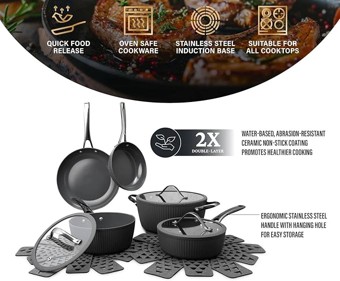 12 Pc Ceramic Cookware Set Nonstick Pots Pans and Fry Pans – Ceramic Non-Stick Ribbed Cookware Set Ergonomic Stay Cool Handles 446°F Oven Safe Dishwasher Safe (Grey)