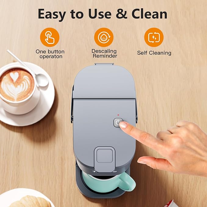Single Serve One Cup Coffee Maker for K Cups and Grounds Mini Coffee Maker with Portable Handle 6 to 12 Oz Brew Size for Travel Camping Office RV and Dorm 120V Cool Gray