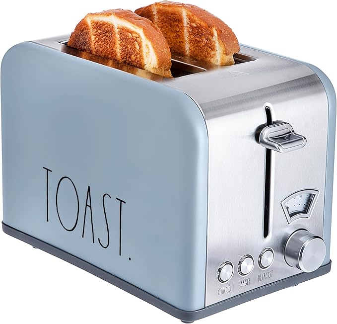 Rae Dunn Toaster Stainless Steel 2 Slice Square Toaster Wide Slot with 5 Browning Levels with Bagel Defrost and Cancel Options (Baby Blue)