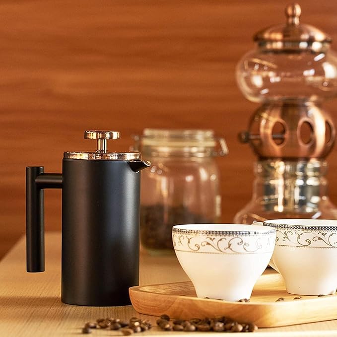 Miuly 12oz French Press for One Person Small Coffee Press 350ml with 2 Filter Mesh Double Wall Insulated French Press for Travel Black