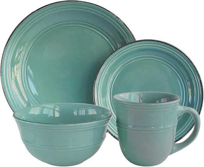 American Atelier Round Dinnerware Sets | Aqua Blue Kitchen Plates Bowls and Mugs | 16 Piece Stoneware Madelyn Collection | Dishwasher &amp Microwave Safe | Service for 4