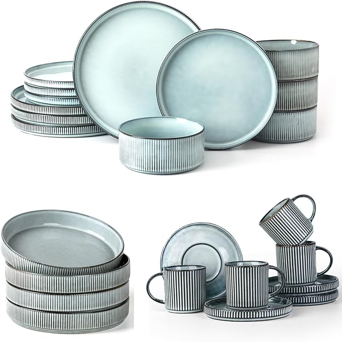 Famiware Star Dinnerware Set and Pasta Bowls with Coffee Mugs Set Service for 4 (20 Pieces) - Stoneware Dinnerware Dishes Smoky Blue