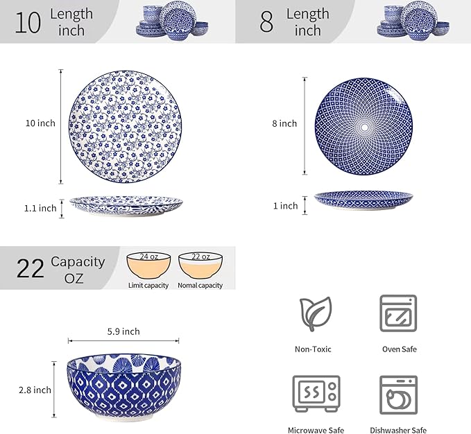 Selamica Ceramic Plates and Bowls Sets18 Pieces Retro Floral Dinnerware Sets for 6Dishwasher &amp Microwave Safe dish setFamily &amp Holiday Dining Vintage Blue