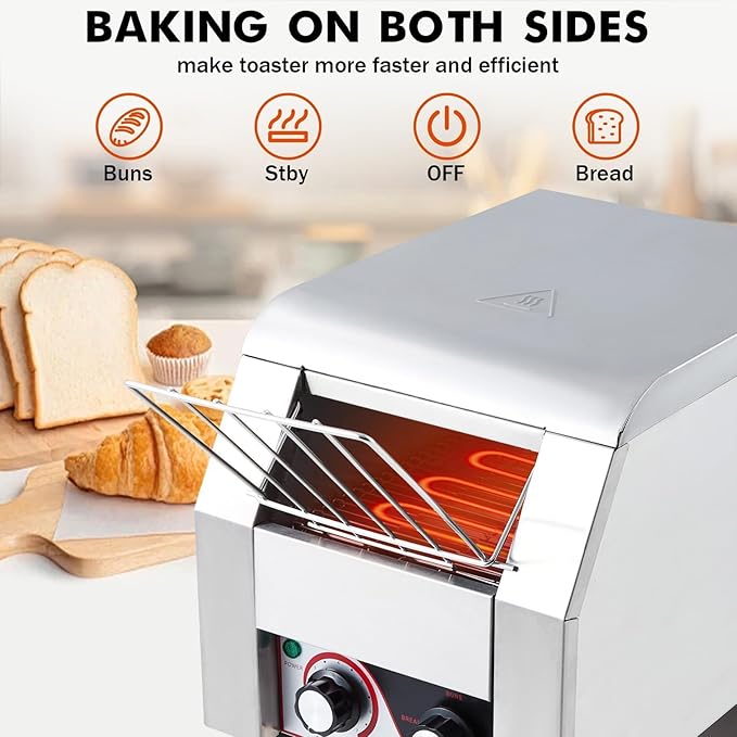 Commercial Conveyor Toaster 450 Slices/Hour Stainless Steel Toaster Oven with Dual Heating &amp 7-Speed Belt for Bagels/Buns/Bread in Cafes/Buffets