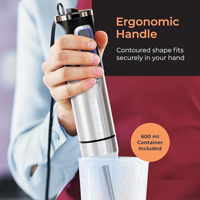 MuellerLiving Immersion Hand Blender Full Set - 8 Speed Immersion Blender Hand Mixer with 7 Attachments: Stainless Steel Blade Whisk Milk Frother Beater Mixing Hooks Potato Masher Chopper Bowl