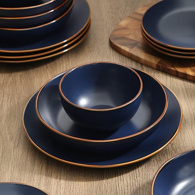 Stone Lain Brasa Stoneware 16 Piece Modern Dinnerware Sets Plates and Bowls Service for 4 Blue Microwave &amp Dishwasher Safe