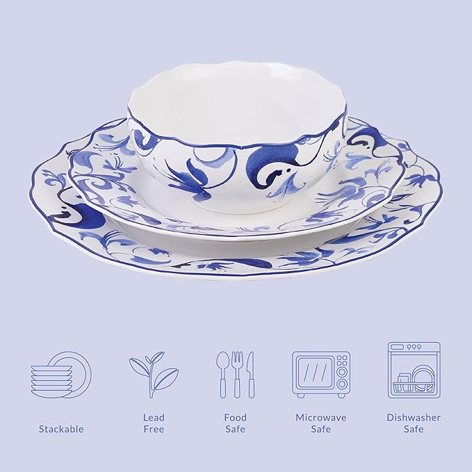 222 Fifth 12-Piece Porcelain Dinnerware Set for 4 Blue &amp White Plates and Bowls Set Glossy Ceramic Dish Set with Beautiful Floral Rims Elegant Kitchen Dishes Microwave &amp Dishwasher Safe A